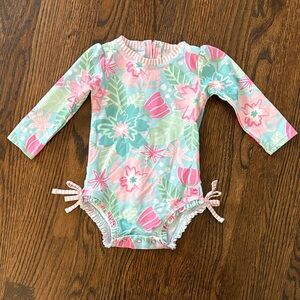 Ruffle Butts Pink and Blue Floral Kids Swim One Piece